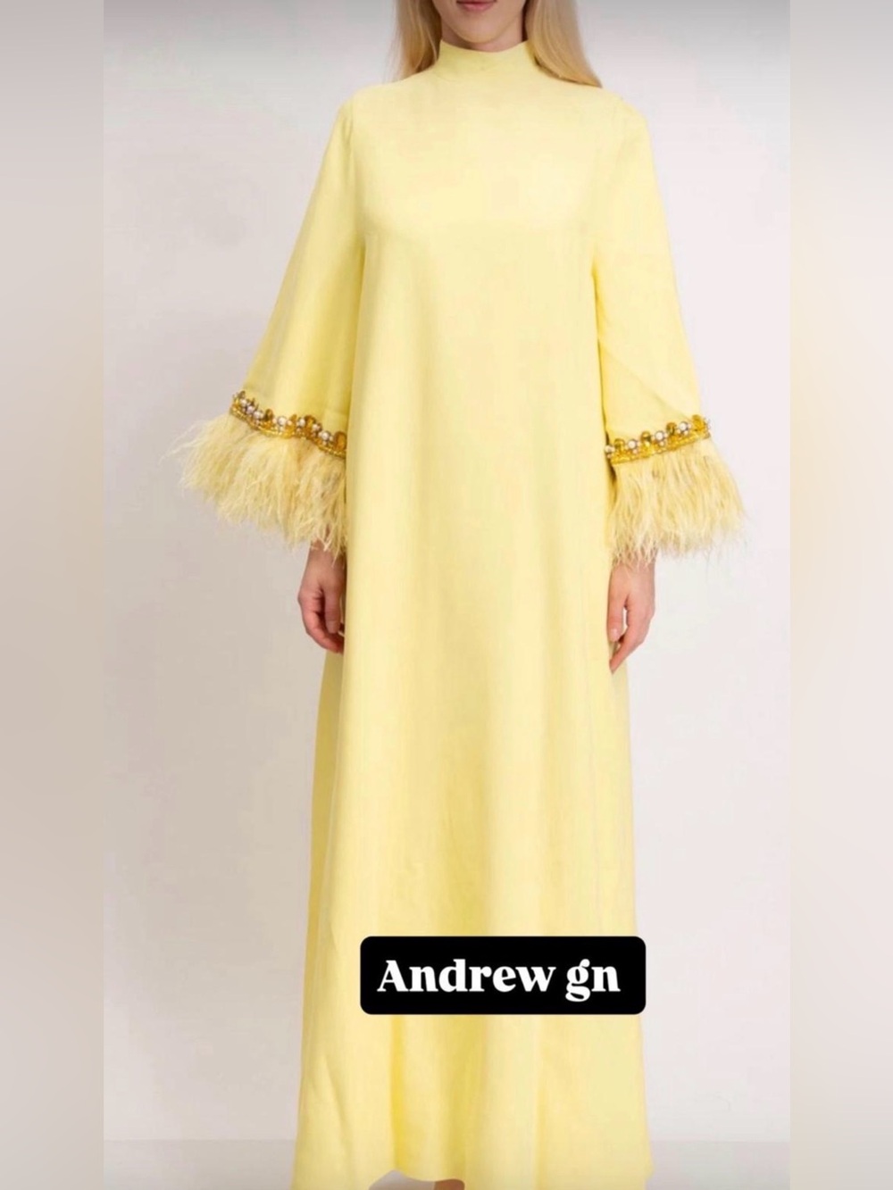 Andrew Gn Yellow Feather-Trim Crepe Gown